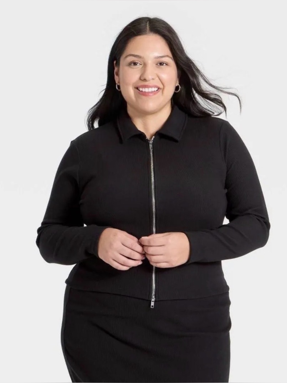 Black Ribbed Zip-Front Women's Sweater